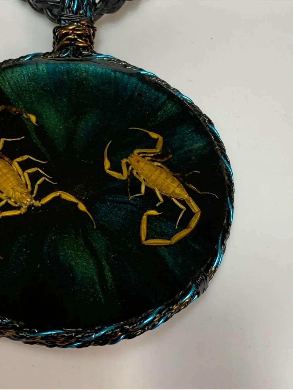Necklace Cord Leather Big handmade Resin pendant featuring real scorpions